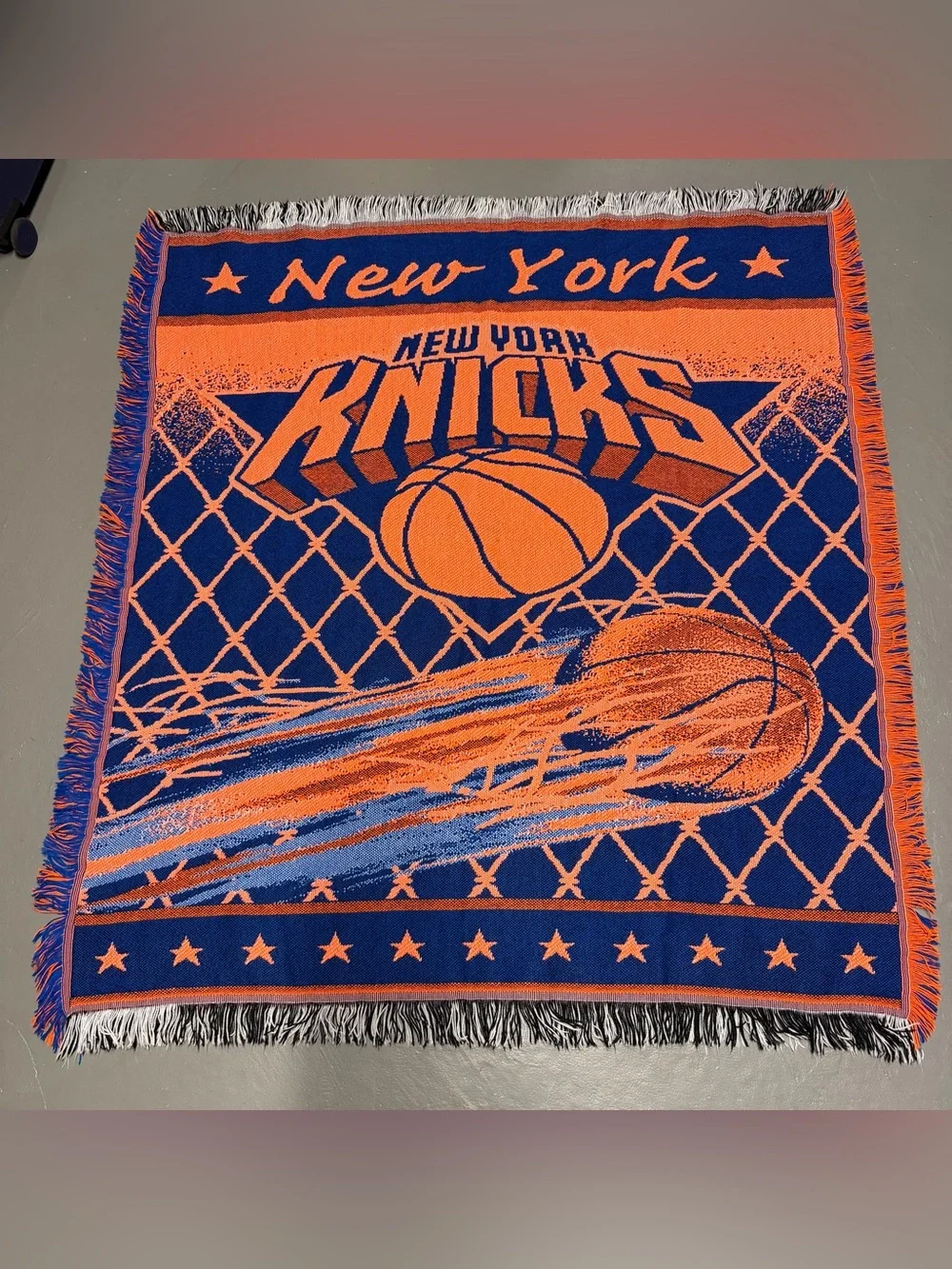 New York Knicks Vintage Orange & Blue Woven Throw Blanket Tapestry Basketball